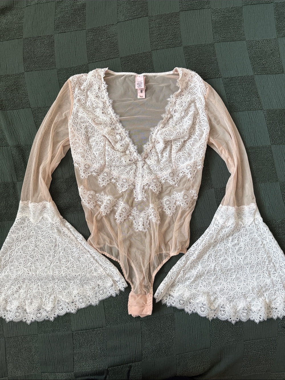 Victoria's Secret Blush Pink Sheer Lace Bell-Sleeve Bodysuit